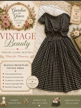 Vintage Black & Cream Plaid Fit-and-Flare Dress